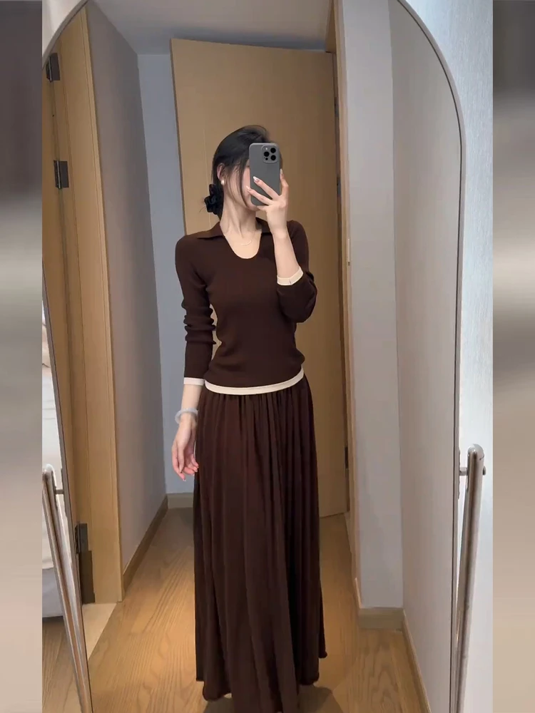 棕色针织衫女2025秋季新款翻领修身上衣高腰减龄半身裙两件套装女