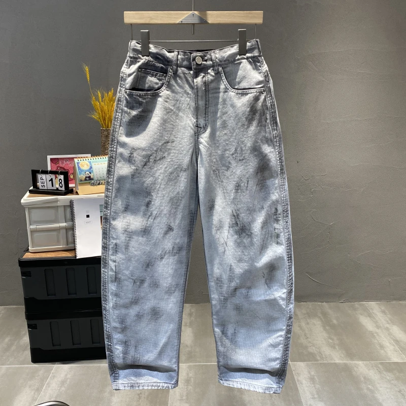 美式重磅欧货新款春季直筒裤男士休闲宽松做旧高街棉牛仔阔腿裤