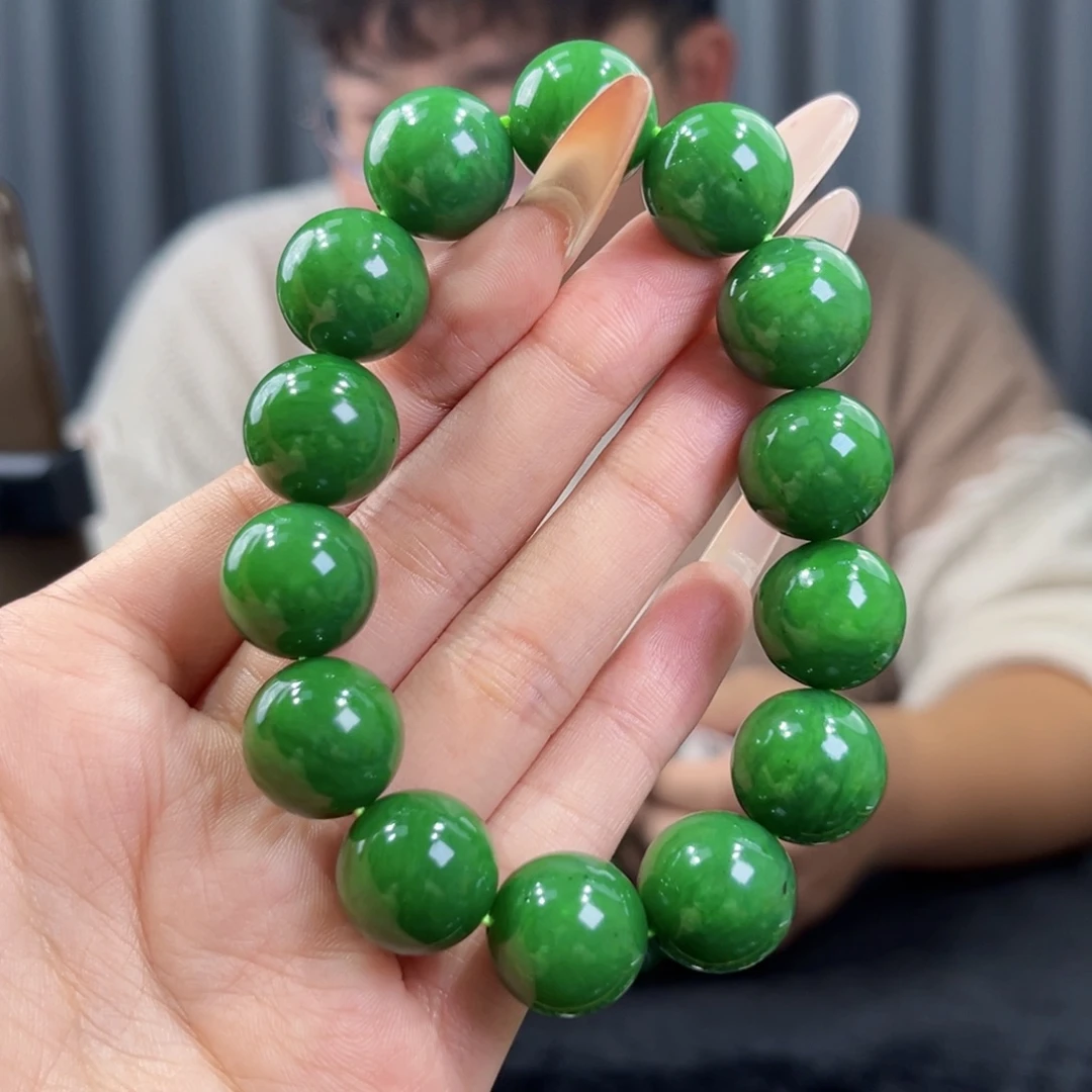 和田玉未镶嵌手串天然和田玉俄碧辣阳绿手串16