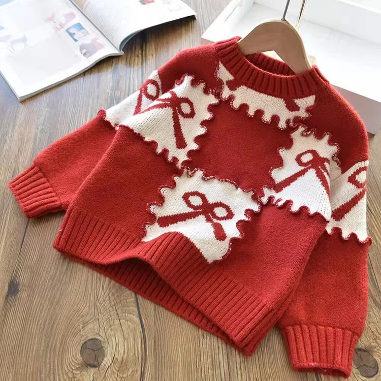 女童蝴蝶结加厚保暖毛衣 儿童宝宝红色圣诞新年款针织衫