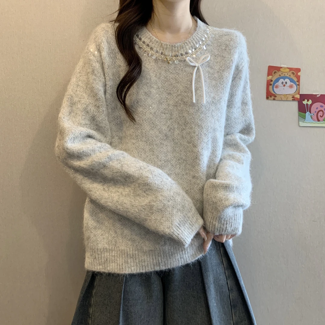 大码女装韩版重工亮片蝴蝶结百搭高级毛衣胖妹妹气质针织上衣