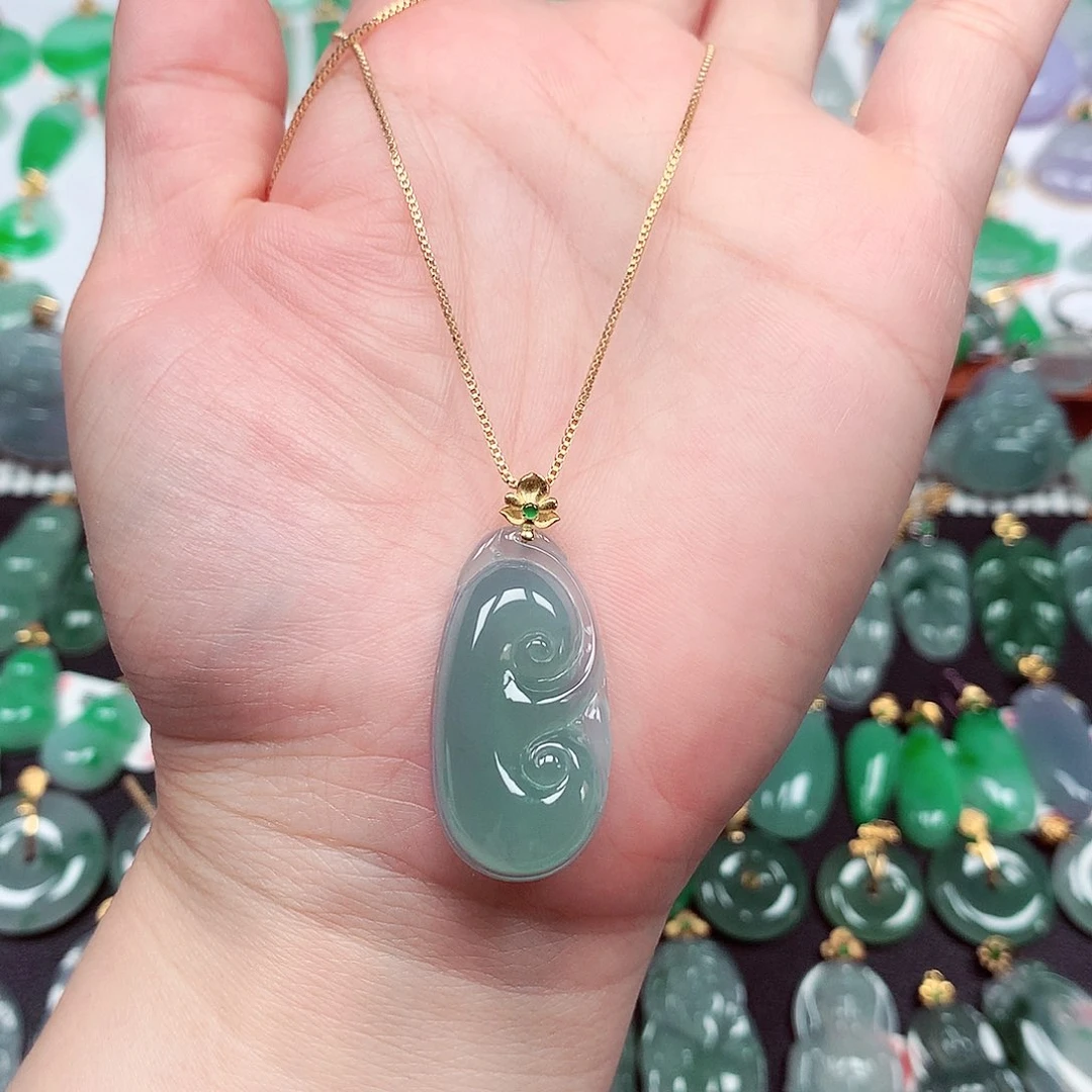 翡翠18K金镶嵌吊坠(不含链)天然翡翠A货