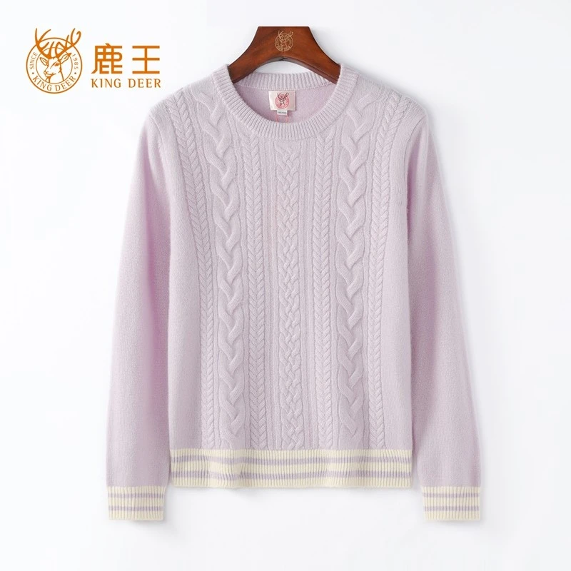 【精品】鹿王24秋冬新款女圆领100山羊绒绞花套衫 加厚 912418032