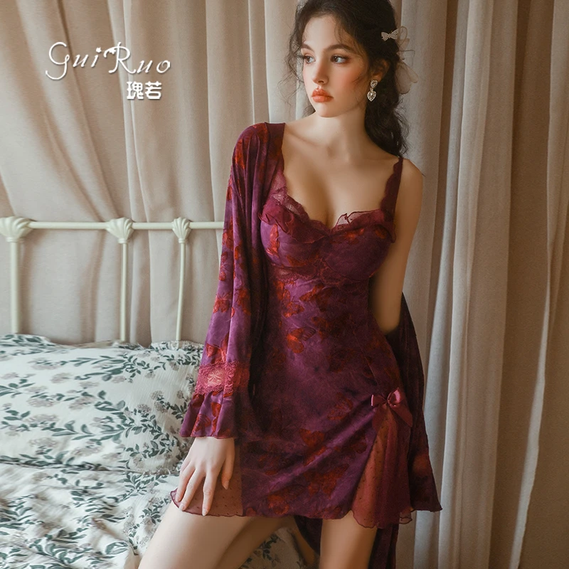 新款轻奢韵味纯欲性感吊带裙带胸垫蕾丝睡裙外袍睡裙性感睡衣秋冬