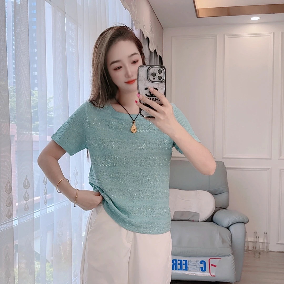 5134现货夏季套头短袖T恤简约时尚纯色显瘦女装圆领烫钻百搭上衣