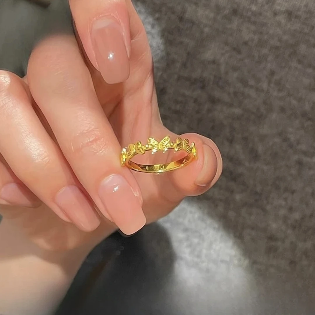 足银戒指 金光闪闪蝴蝶素圈戒指足银999轻奢时尚百搭情人节送女友