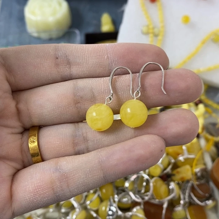 蜜蜡裸石银S925镶嵌耳钩