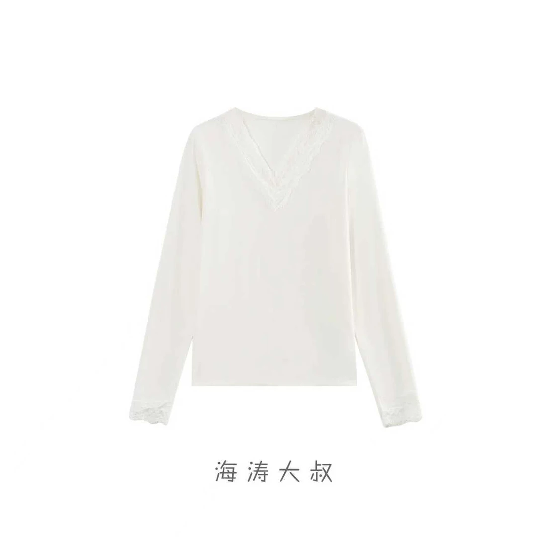 【海涛大叔】「心动信号」法式纯欲V领蕾丝花边长袖T恤