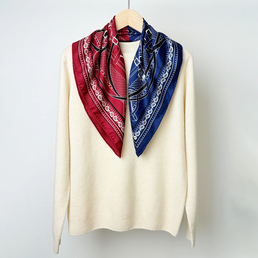 羊毛真丝红色围巾冬季保暖围脖波点丝巾红蓝双拼色女款