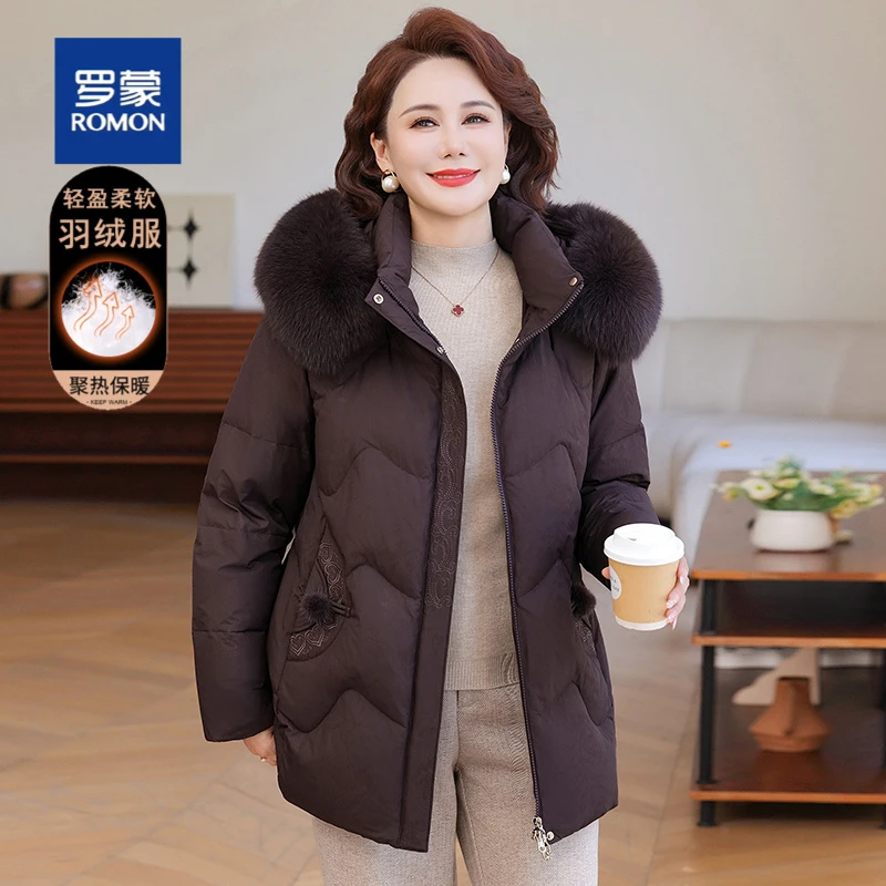 罗蒙2025冬季新款妈妈羽绒服女冬季毛领保暖中老年白鸭绒连帽外套