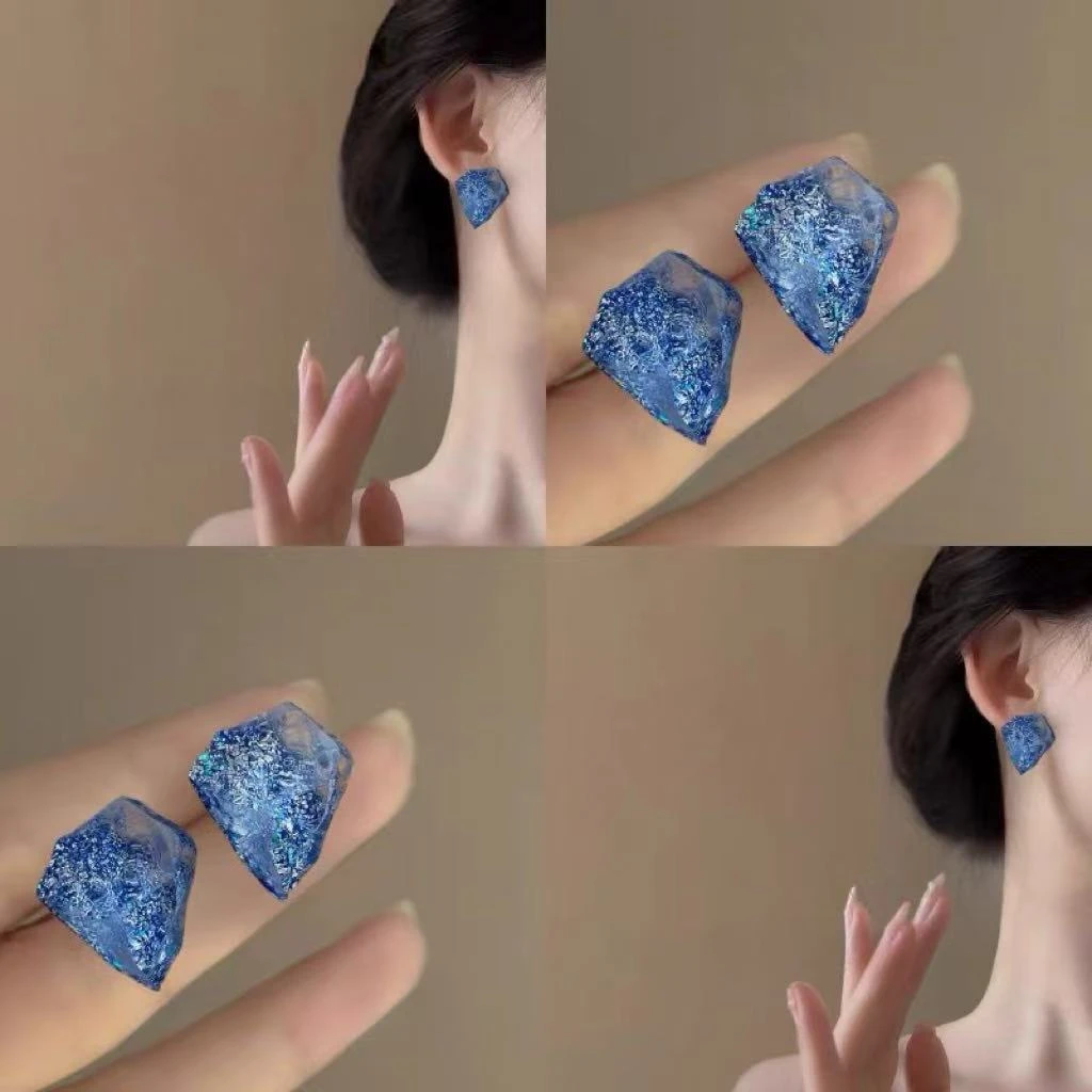 合金树脂耳饰 冰萃蓝不规则耳钉轻奢高级感耳环女气质耳饰2025潮