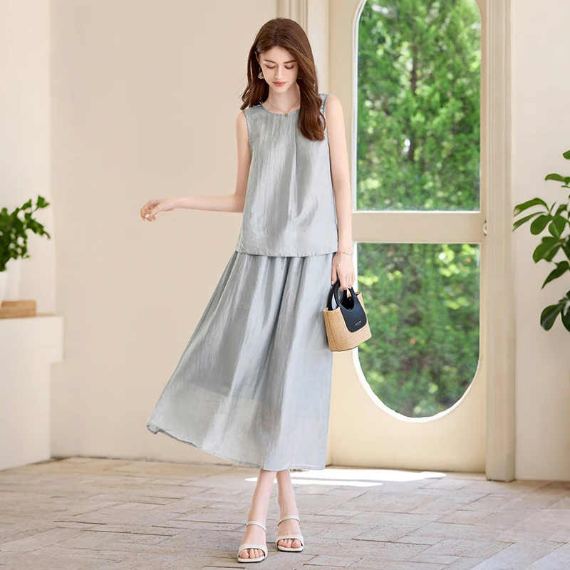 她池休闲套装2025夏装新款女背心搭松紧腰半身裙两件套T52B1740N