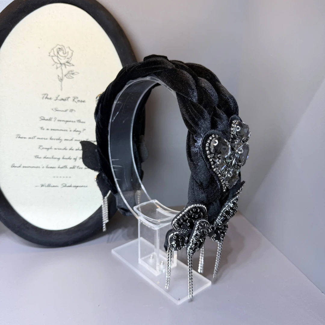 赫本原创【暗蝶】重工黑色发箍流苏高颅顶复古头箍轻奢华丽发饰