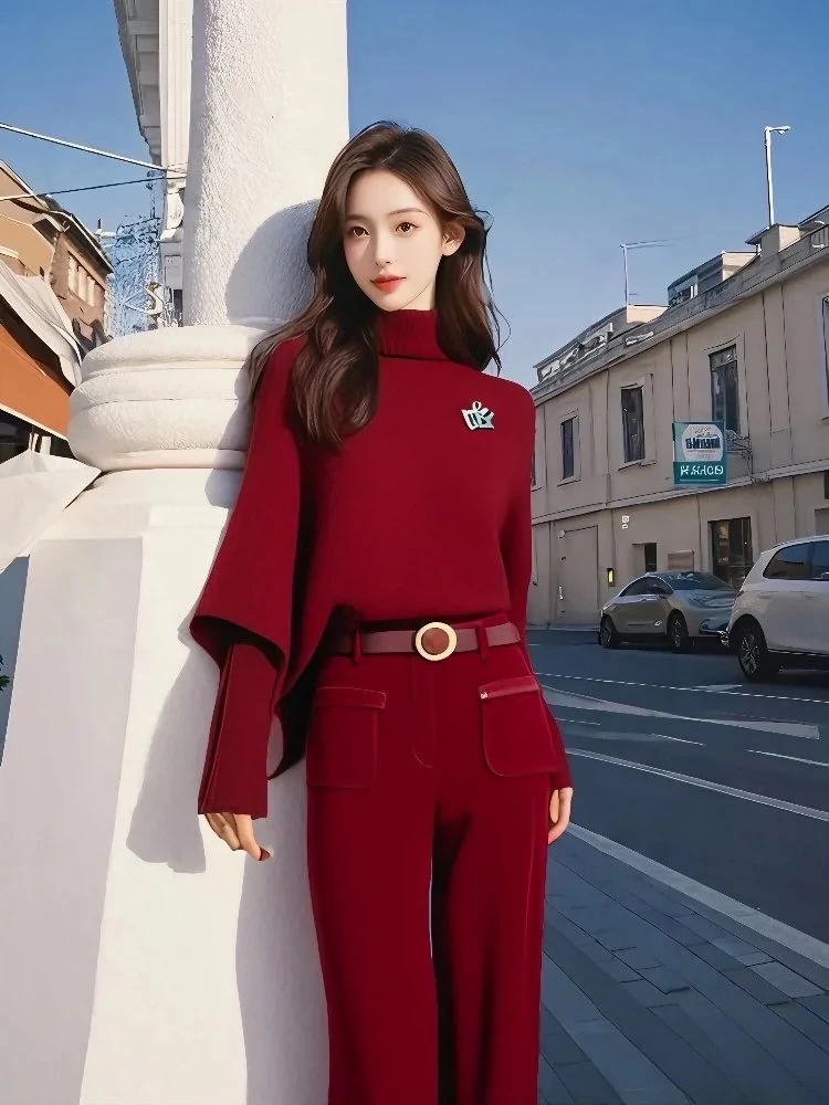 秋冬时尚套装高级感轻奢安可拉红针织衫女多巴胺红色休闲裤两件套