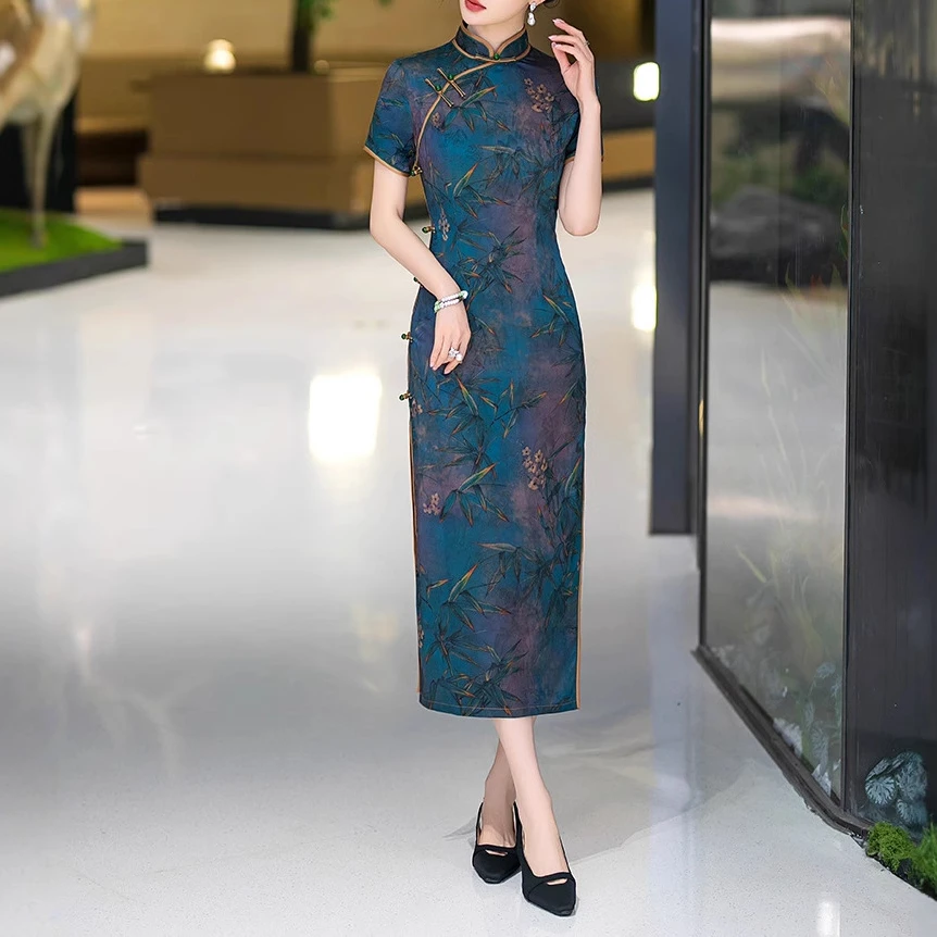 老上海长款旗袍2025春季新款新中式款高端气质短袖国风连衣裙优雅
