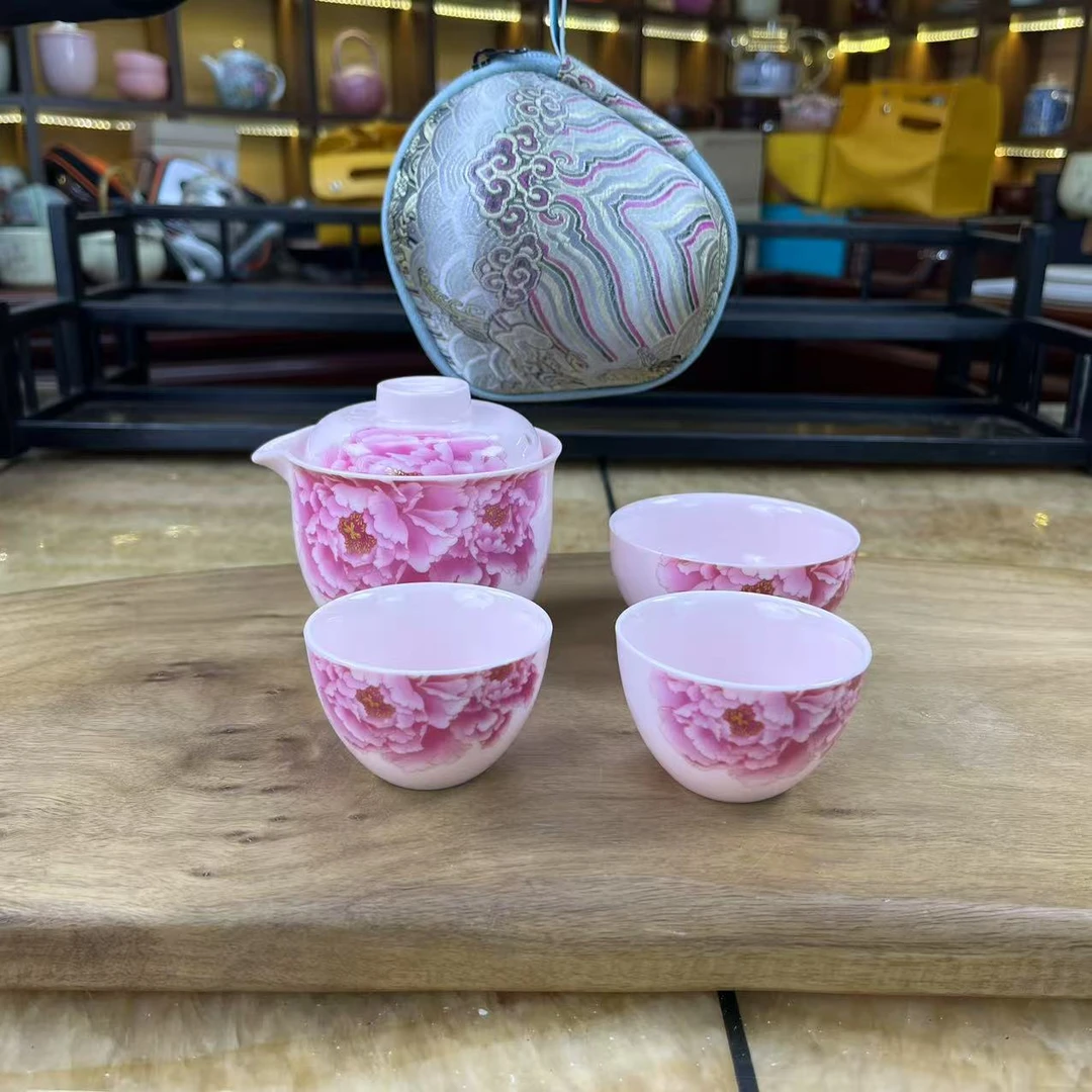 1626新款粉泥亮光牡丹旅行套装带绿色刺绣包