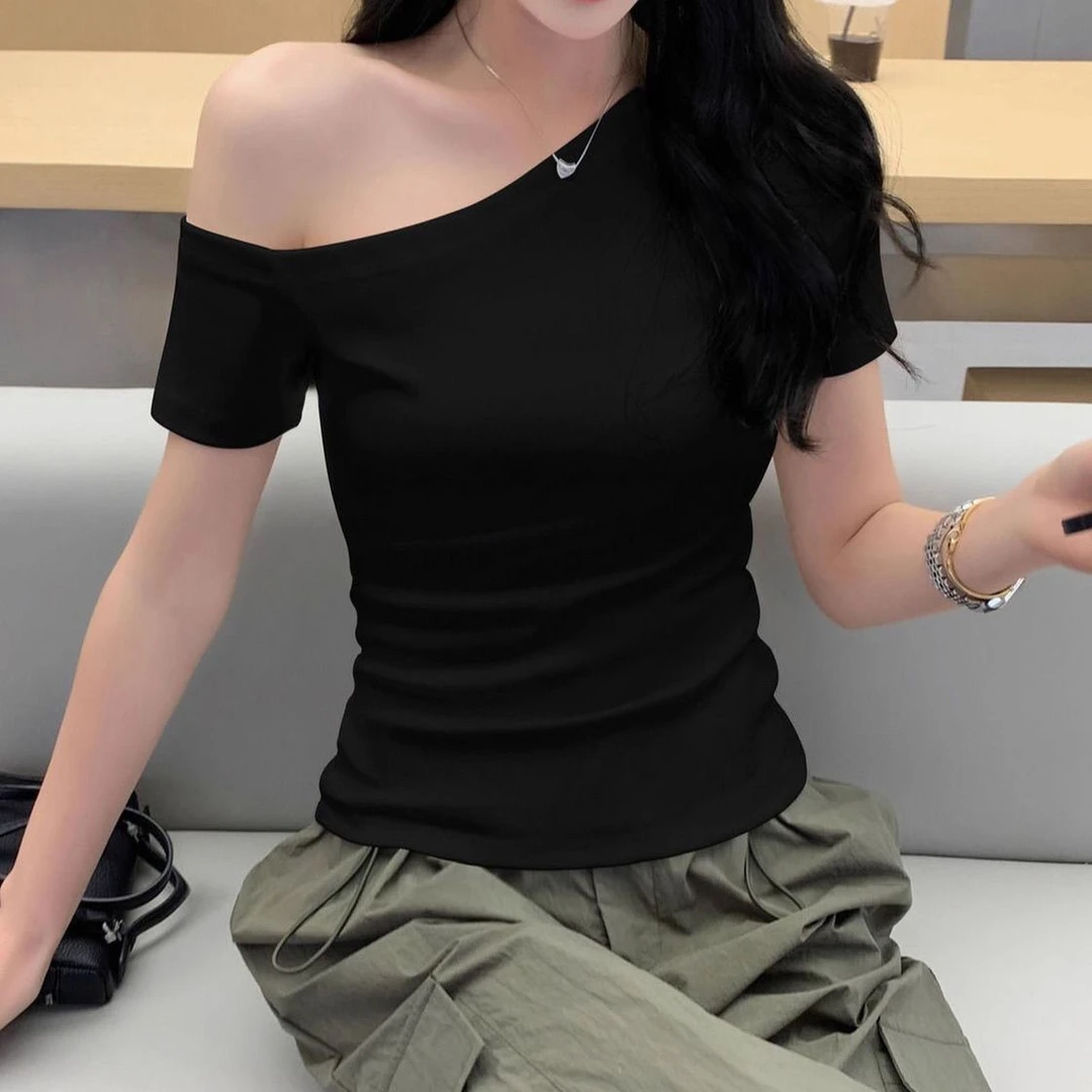 夏季纯棉斜肩短款短袖t恤女黑色显瘦百搭性感洋气修身上衣紧身T恤