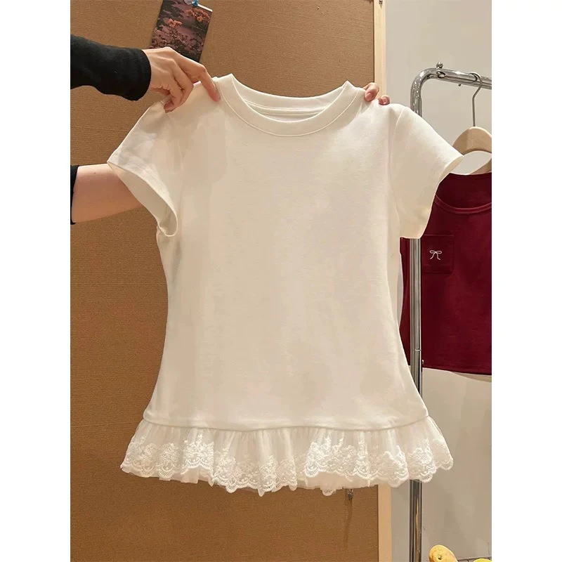 蕾丝花边2025新款短袖叠穿修身T恤女童韩版显瘦薄款白色打底衫
