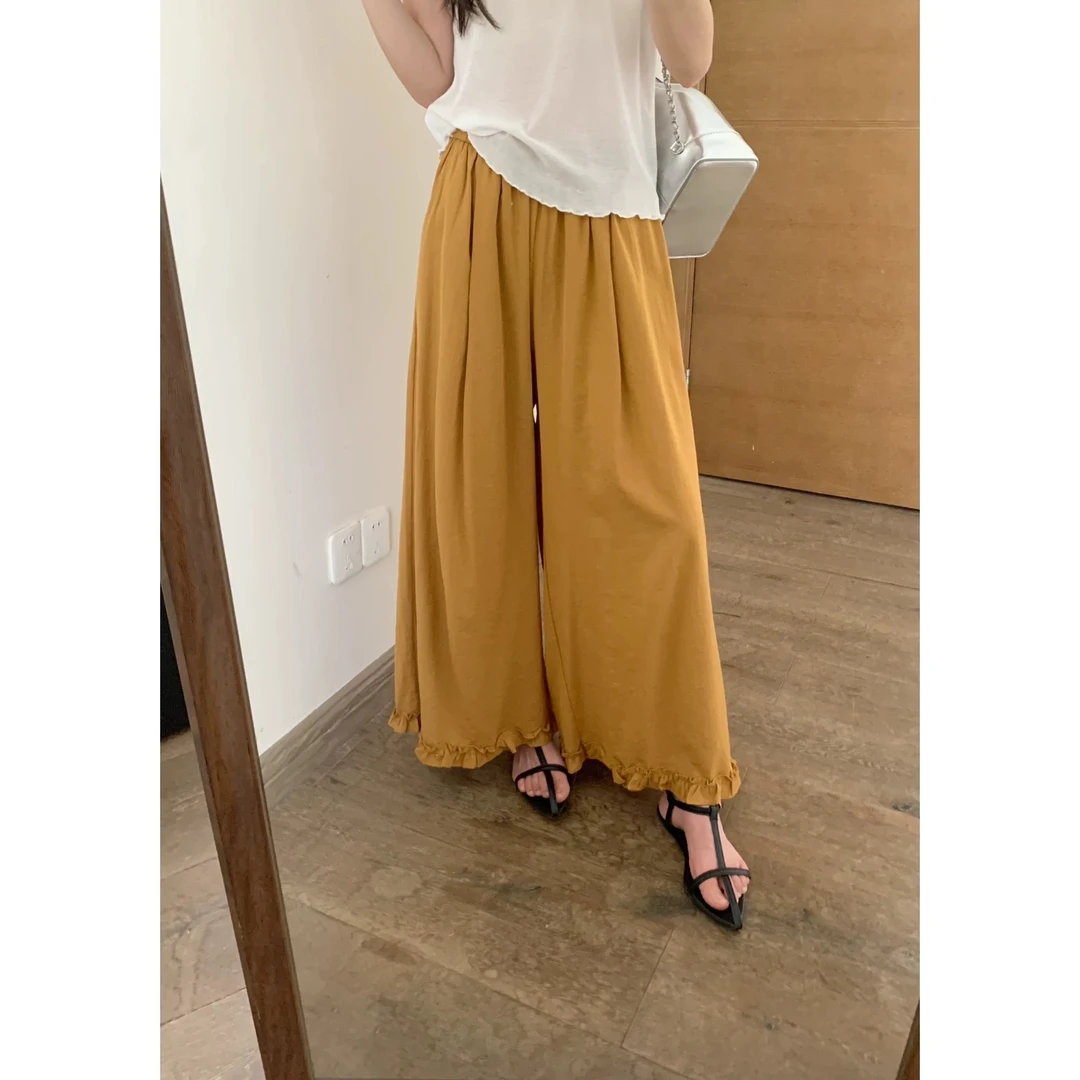 显瘦棉麻阔腿裤木耳边休闲裤9880