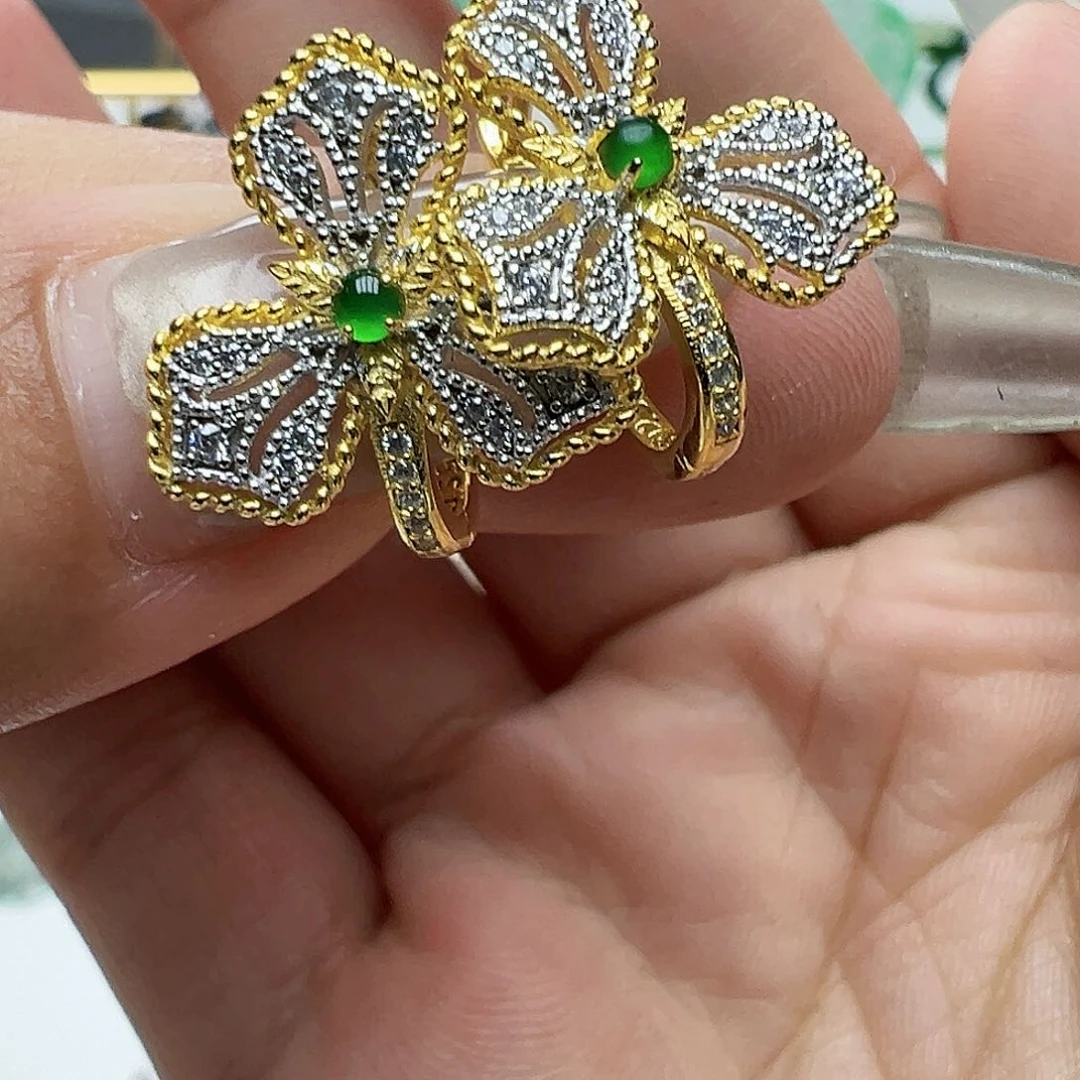 翡翠银S925镶嵌耳饰天然缅甸A货翡翠