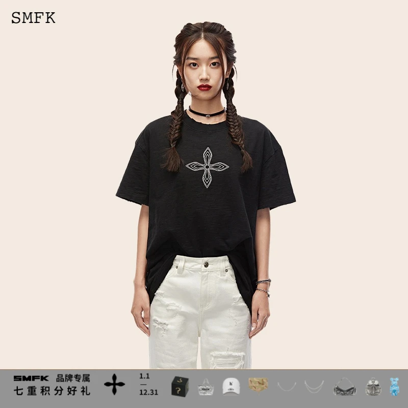 SMFK十字花复古阔身Tee CT002BS 白鹿同款黑色印花宽松短袖