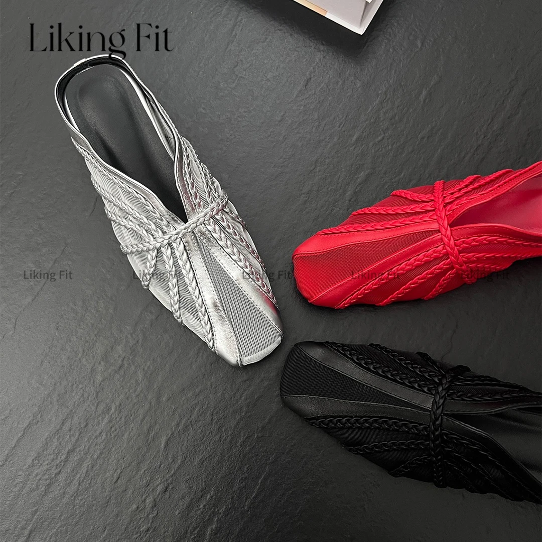 Liking Fit 网纱编织镂空方头内增高包头半拖女夏季新款凉拖外穿