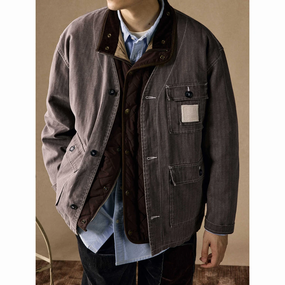 CENLES AW24 水洗无领钓鱼夹克男宽松休闲工装外套秋冬日系复古
