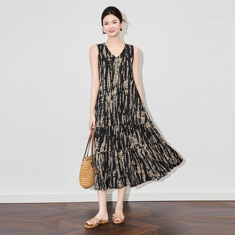 深圳南油女装 时尚气质V领印花连衣裙度假长裙女夏季新款2504708