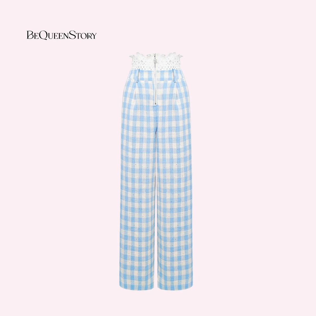 余潇潇【慵懒周末】时尚百搭烫钻拼接腰头米白蕾丝花边收腰直筒裤