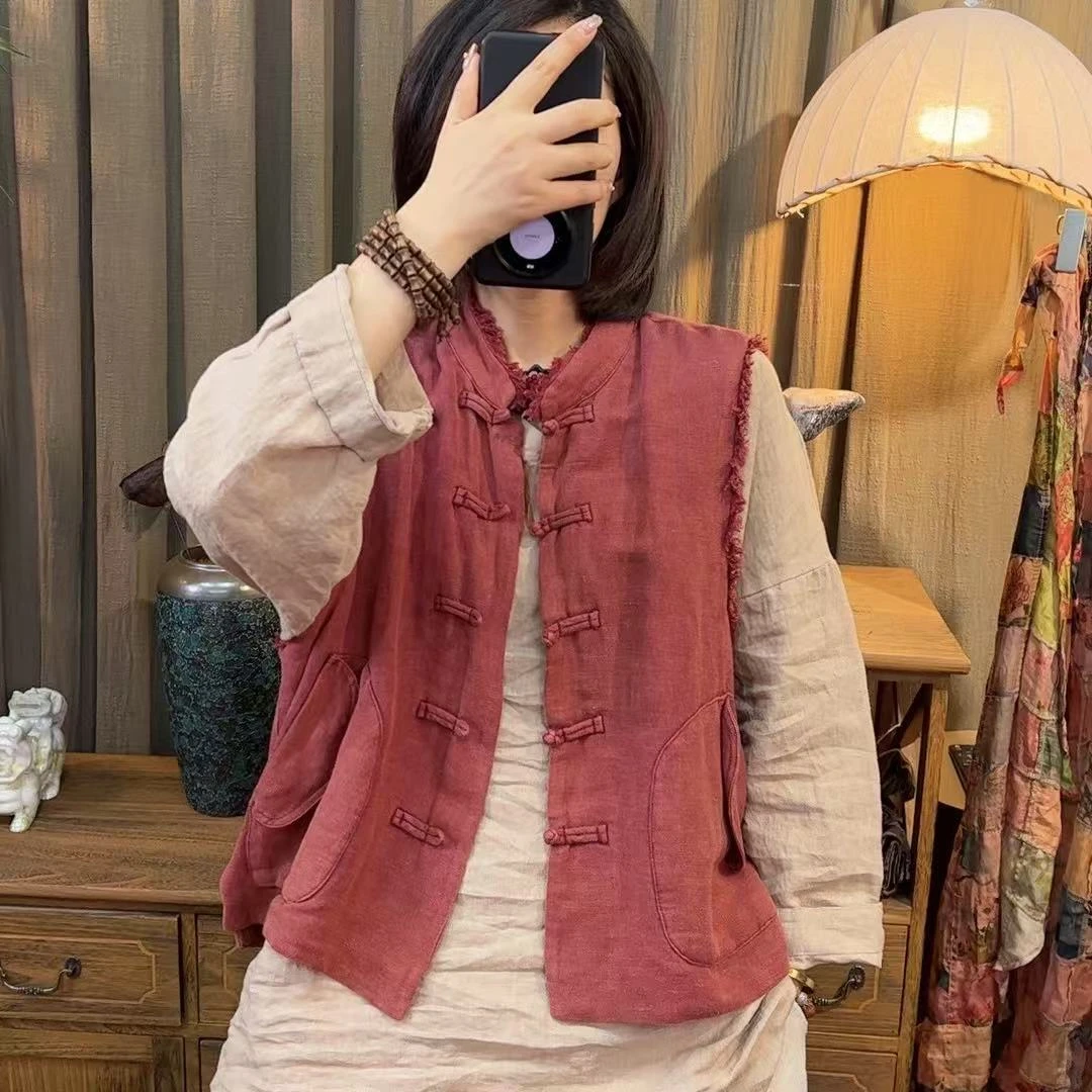 那年  5930春季新中式复古盘扣双层炒色亚麻马甲（长60 胸围140）
