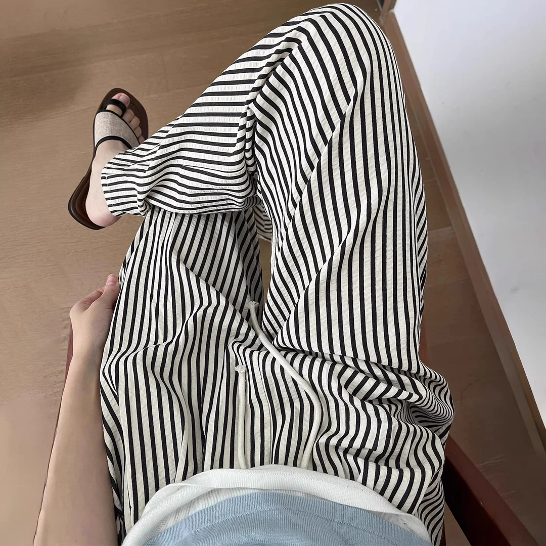 条纹阔腿裤女夏季薄款大码胖mm高腰宽松垂感休闲慵懒遛弯裤拖地裤