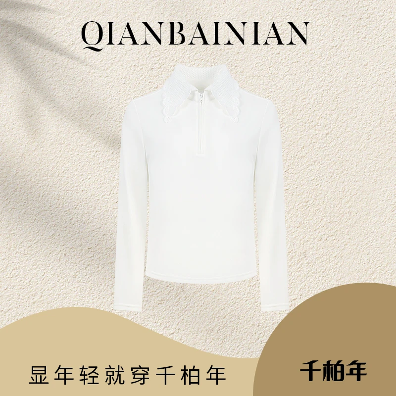 千柏年【重工镂空花】舒适复古翻领设计空气感软糯T恤-C3378