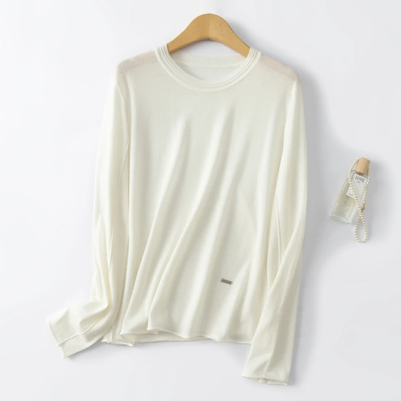 甄选精纺羊毛薄款长袖针织衫女士时尚基础针织T恤 百搭休闲打底衫