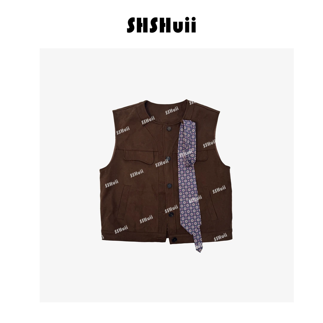 SSHuii【八月溪】韩系复古小众麂皮绒无袖马甲
