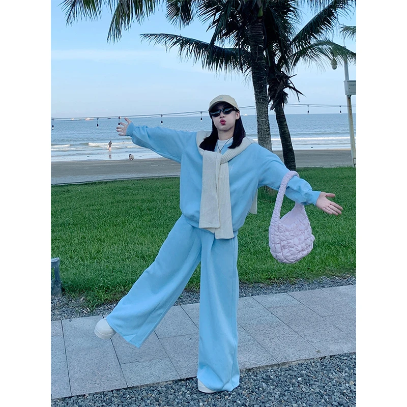 韩系慵懒风运动服套装女秋季宽松显瘦披肩卫衣阔腿裤休闲三件套装