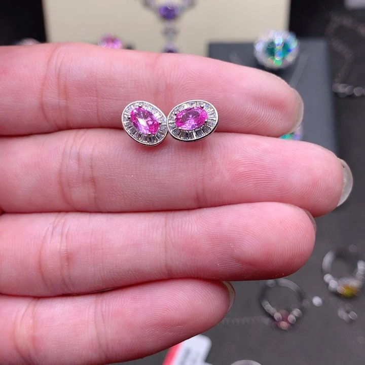 彩色蓝宝石银S925镶嵌耳饰