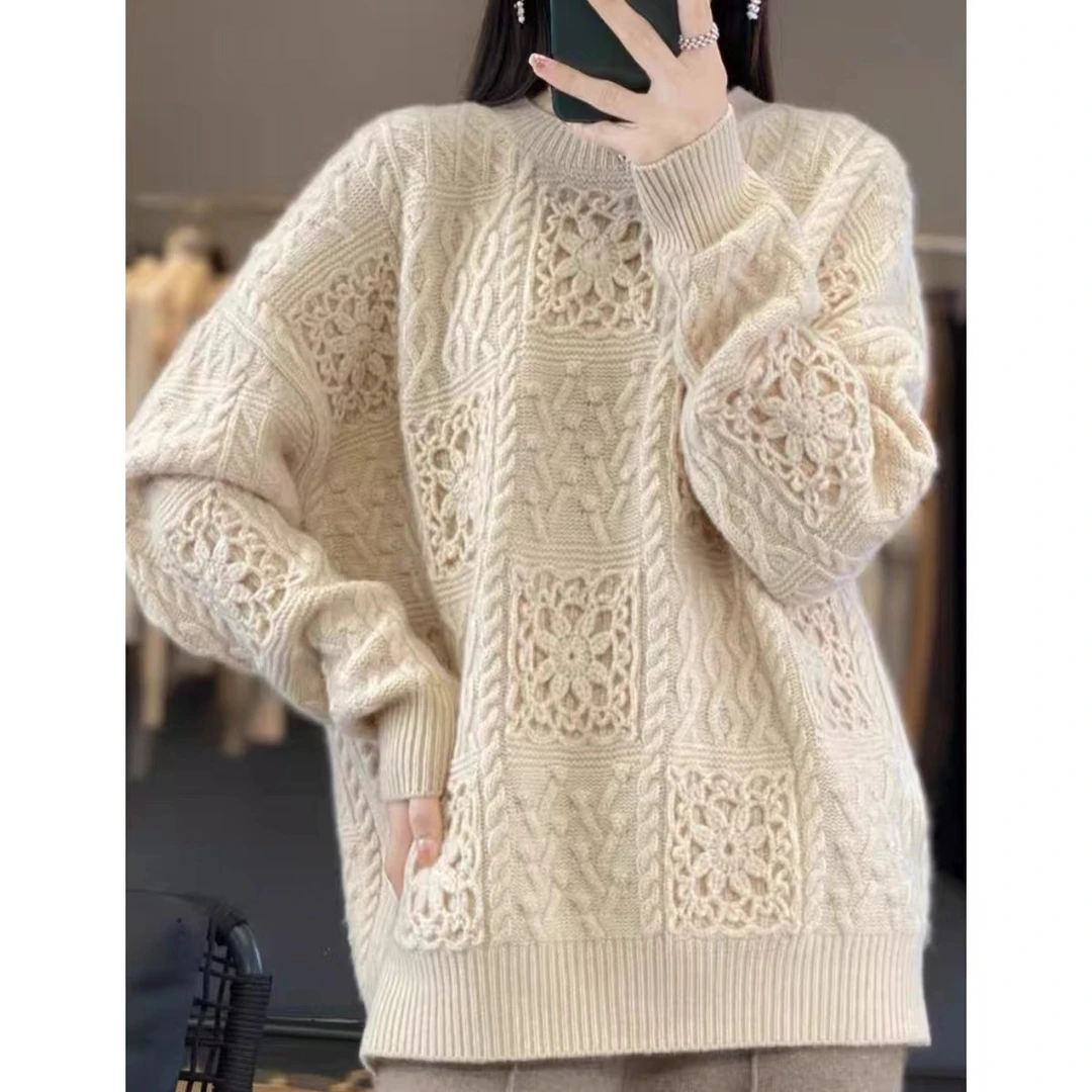 涵玖玥【100羊毛】花开富贵重工秋冬慵懒风钩花编织上衣07-3107