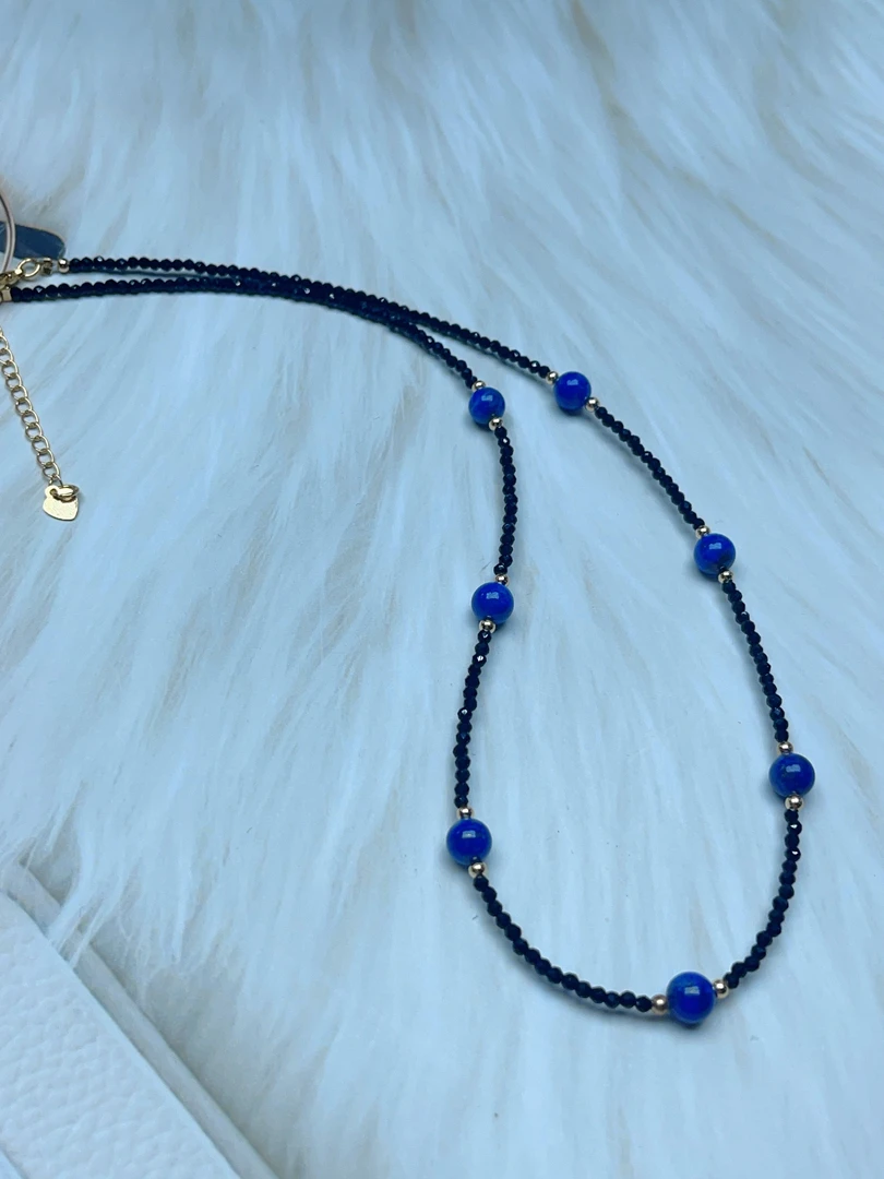 铜合金项链 青金色石头锁骨链女黑色刻面小珠子项链