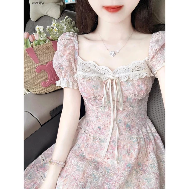 法式气质泡泡袖碎花连衣裙春季新款小个子设计感长裙