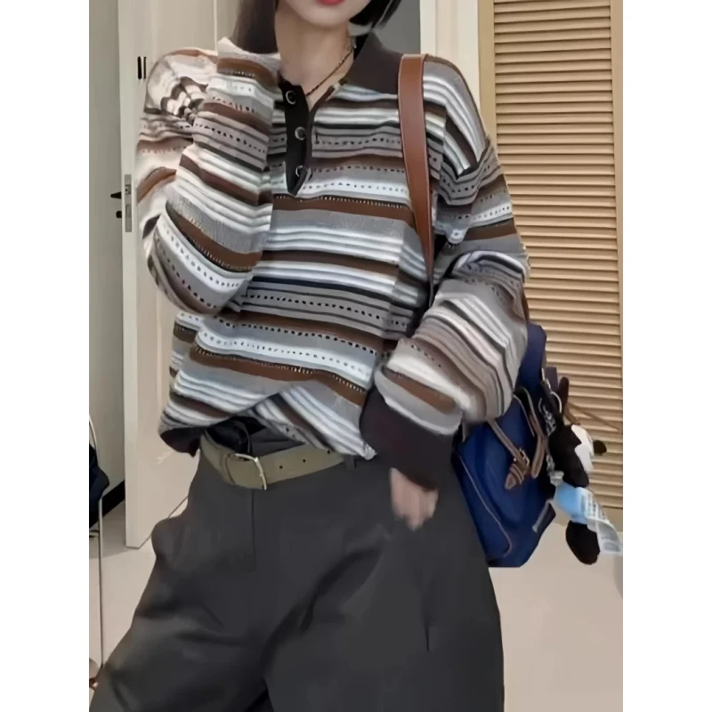 大码复古咖色条纹polo领针织衫女早秋新款胖mm宽松打底衫显瘦上衣