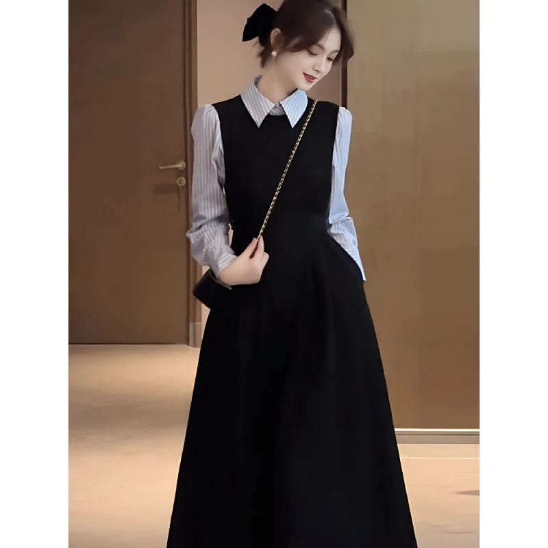 2025春秋新款法式气质连衣裙女高级感黑色背带长裙衬衫假两件套
