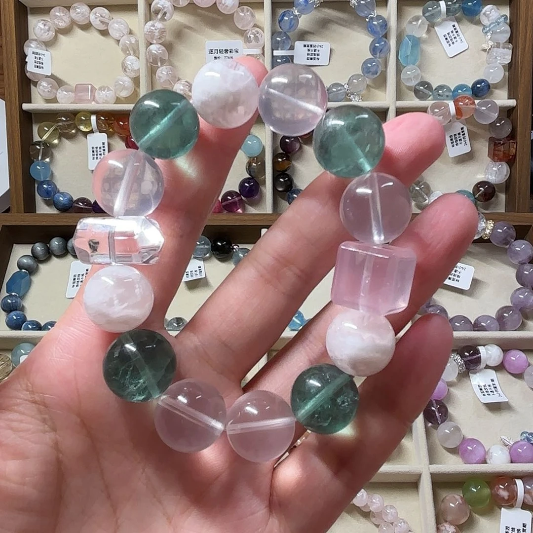 水晶手链未镶嵌天然水晶粉绿系列孤品一条