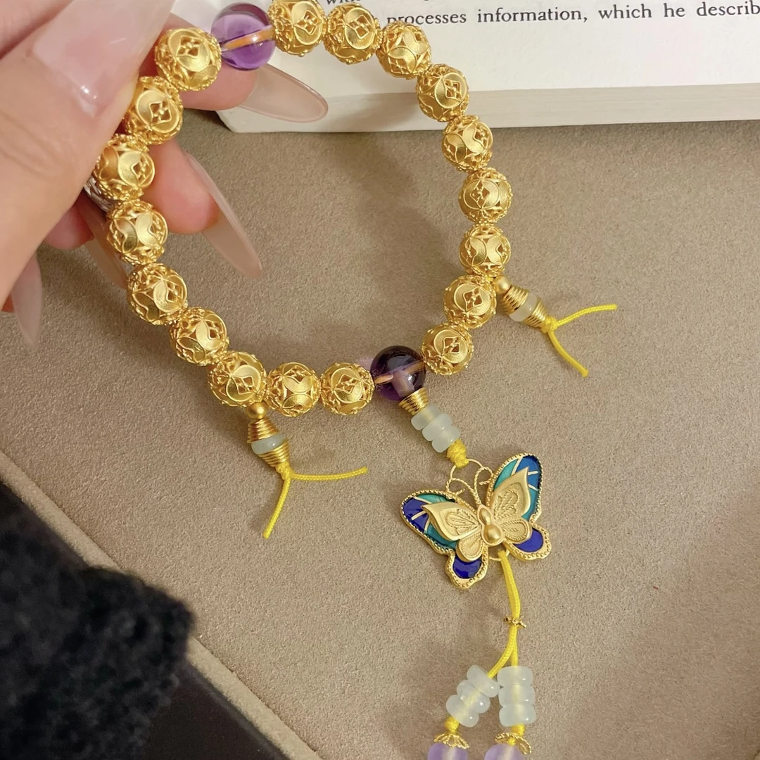 铜合金手链 新中式古法鎏金镂空花丝故宫系列【玲珑花蝶手串手持】