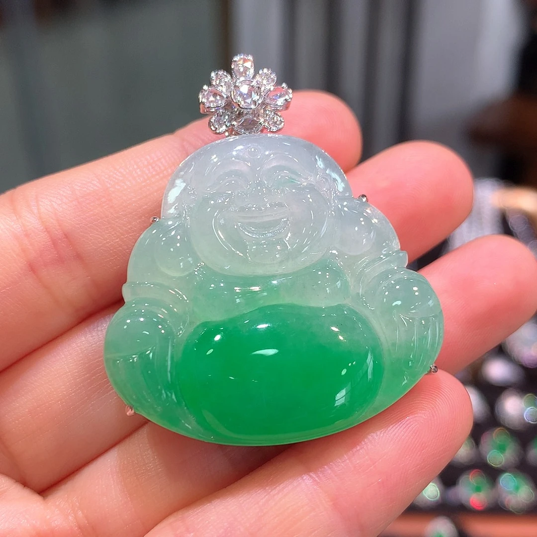 翡翠18K金镶嵌吊坠(赠链)高冰阳春白雪大佛