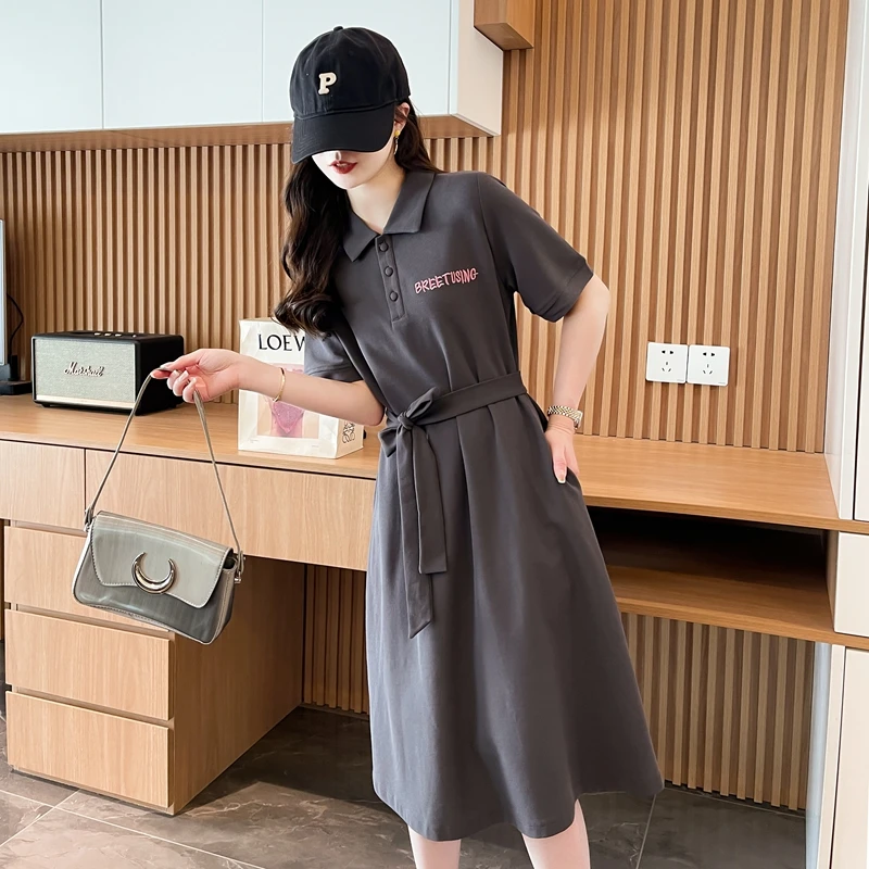 POLO领连衣裙女夏韩版宽松时尚气质百搭减龄显瘦收腰长款过膝裙子