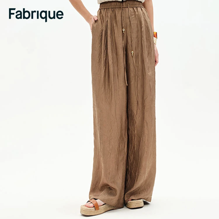 【Fabrique】Louise春夏新款金棕褶皱缎面松紧腰百搭休闲复古阔腿裤