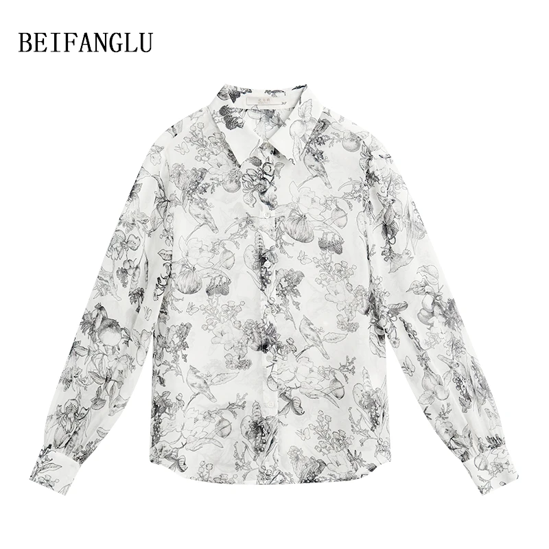 北方鹿【100桑蚕丝】法式轻奢水墨花鸟印花夏季长袖薄款衬衫女25816