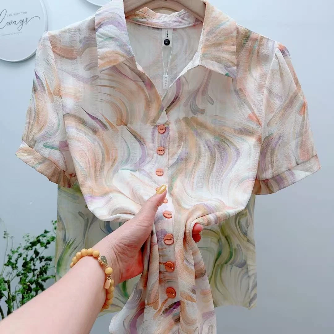 112-2时尚新款短袖夏装洋气宽松印花夏季小衫衬衣大码衬衫上衣