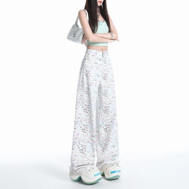 2025秋季秋季新款＆小韩版日系风甜美卡通印花辣妹休闲拖地阔腿裤