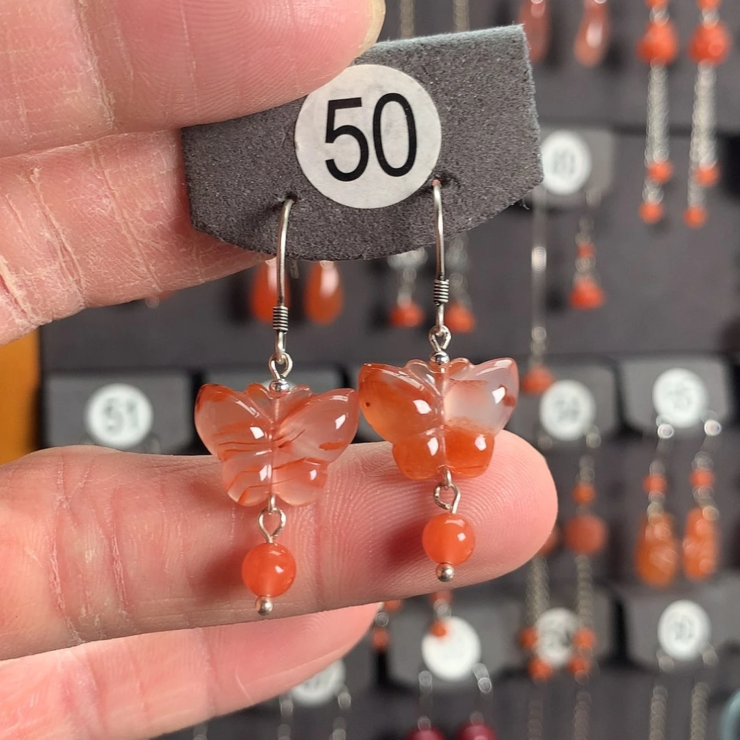 银S925镶嵌南红玛瑙耳饰海**开50